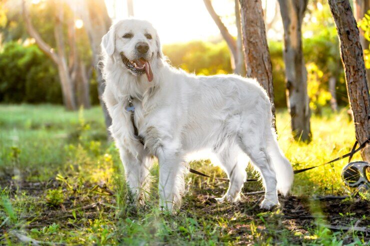 closeup-shot-beautiful-white-dog-standing-sunny-field_181624-27222