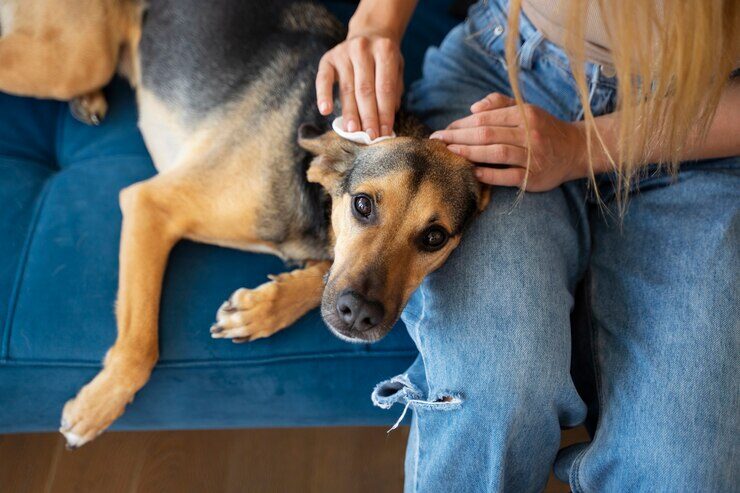 top-view-woman-cleaning-dog_23-2149652645