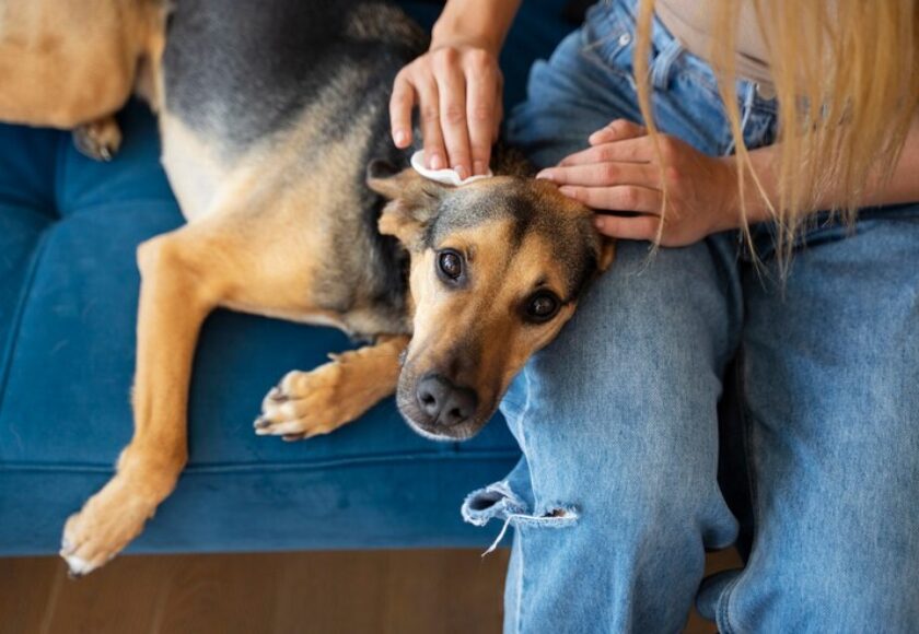 top-view-woman-cleaning-dog_23-2149652645